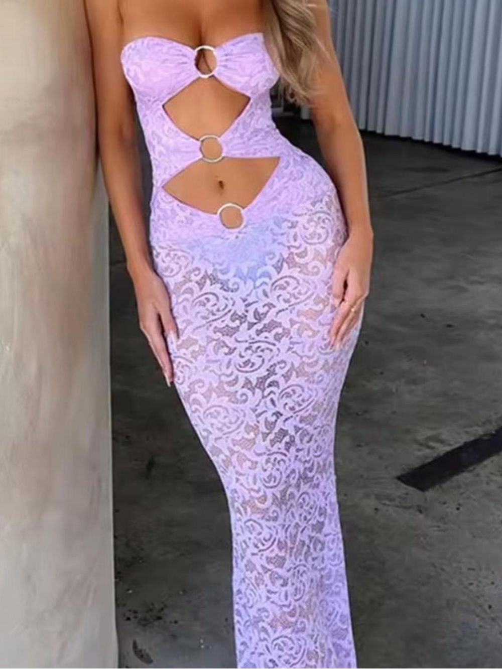 Outcast Strapless Lavender Lace Cutout Maxi Dress